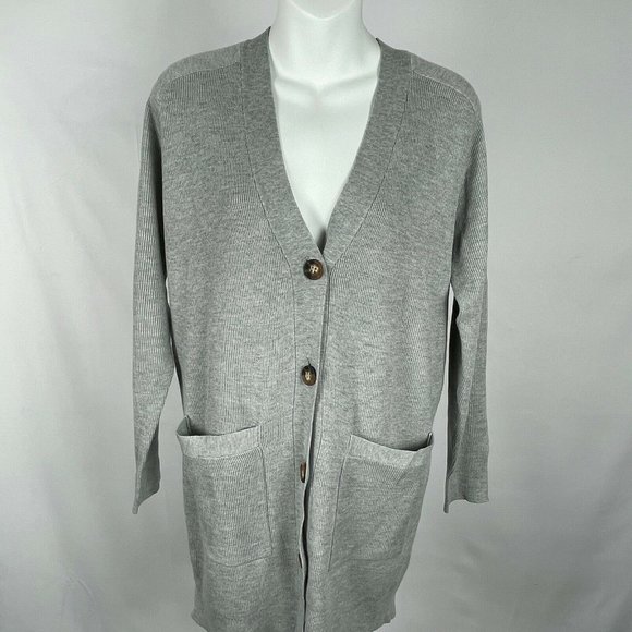 Elodie Long Sleeve Horn Button Sweater Cardigan Sz S Gray V-Neck Ribbed NWT - Picture 1 of 7